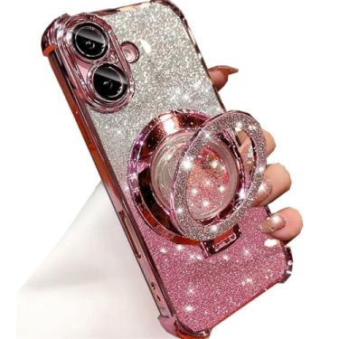 Imagem de Changjia Capa com suporte de glitter para iPhone, linda luxuosa e brilhante, anel de líquido com protetor de lente de câmera, revestimento de TPU (poliuretano termoplástico) à prova de choque, capa