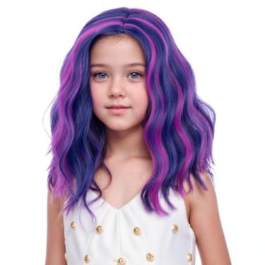 Imagem de DUDUWIG Peruca infantil roxa mista rosa para meninas, curta, roxa, azul, ondulada, encaracolado, perucas de cabelo sintético, peruca de cabelo sintético inclui