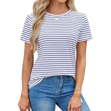 Imagem de LilyCoco Camiseta feminina listrada manga curta camiseta gola redonda camisetas básicas, Azul e branco, XP