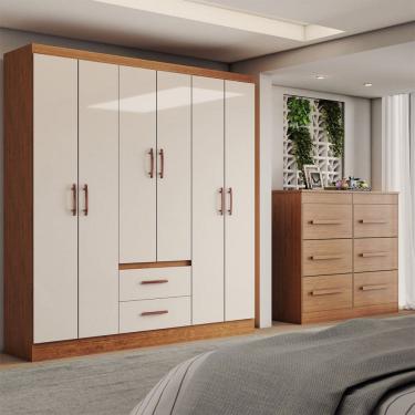 Imagem de Guarda-Roupa Solteiro Europa 6 Portas 2 Gavetas e Cômoda 6 Gavetas Cinamomo/Off White - Panorama Móveis