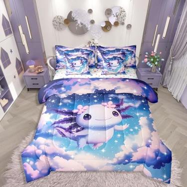 Imagem de Erosebridal Jogo de cama de solteiro com Axolotl Dreamy Axolotl fofo para meninas e crianças, conjunto de cama de 7 peças, fantasia de galáxia, céu galáxia, kawaii, roxo