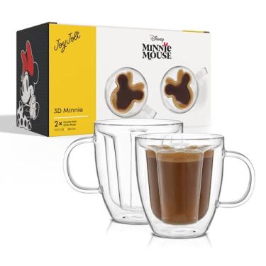 Imagem de JoyJolt Disney Minnie Mouse 3D Canecas de vidro de parede dupla com alças, copos de café de vidro de 370 ml, conjunto de 2, copos transparentes isolados para chá ou latte, copos Disney