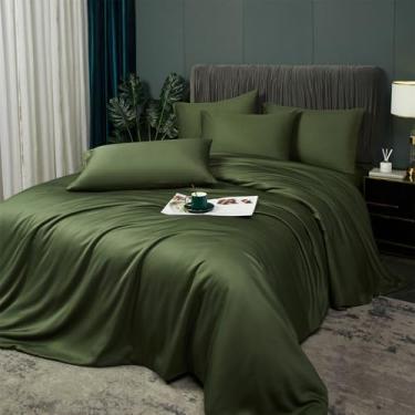 Imagem de YASMENG Conjunto de capa de edredom refrescante, verde-oliva, 100% viscose derivada do bambu, conjunto de cama de rayon macio respirável de verão para pessoas que dormem quentes, capa de edredom
