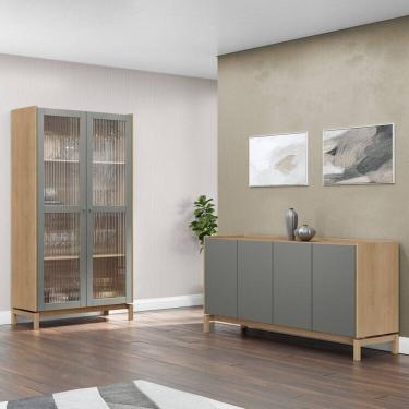 Imagem de Conjunto Cristaleira e Balcão Barcelona em Madeira Maciça - Finestra Móveis Oak/Ferrolack