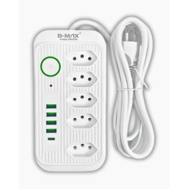 Imagem de Filtro de Linha 5 Tomadas, Extensão, Régua de Energia Elétrica, Cabo 2 Metros, 4 USB A e 1 USB-C, BiVolt 110-220V, Potência de 2500W e Carregamento Inteligente Premium