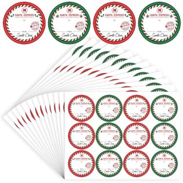 Imagem de 156 peças de adesivos de nome de presente de Natal, 5 cm redondo Papai Noel Express from The North Pole Etiquetas de selo de envelope para embrulho de presente de cartão