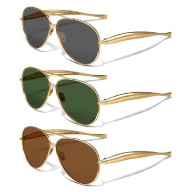 Imagem de YDAOWKN Óculos de sol aviador retrô dourado para mulheres e homens, óculos de sol grandes aviadores dos anos 70, Armação C dourada lente cinza + armação dourada lente verde + armação dourada lente
