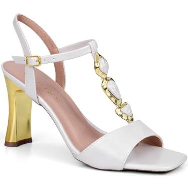 Imagem de Sandália Feminina Lumiss Salto Alto Bloco Metalizado Dourado Pedras Fivela Blogueira offwhite37