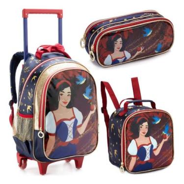 Imagem de Kit Mochila Lancheira E Estojo Branca De Neve Menina Azul-escuro Branc