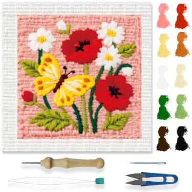 Imagem de ORIGACH Kit de agulhas de perfuração de bordado com moldura, kit de perfuração de agulha de borboleta e flor com padrões, fios, ferramentas e instruções para iniciantes e adultos, decoração de parede