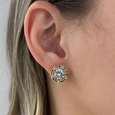 Imagem de Brinco Zircônia Redonda Central Borda Color Banhado em Ouro 18k - Anas