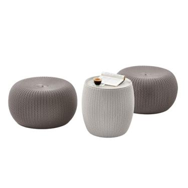 Imagem de KETER Conjunto de 2 pufes de malha urbana com mesa de armazenamento para decoração de pátio e quarto, perfeito para varanda, deck e assentos ao ar livre, creme e marrom-acastanhado