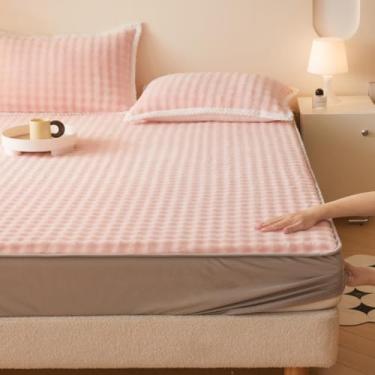 Imagem de Capa de colchão, lençol de veludo grosso, cores sólidas, protetor de colchão quente para todas as estações, capa elástica macia contra poeira para outono, inverno, primavera, rosa, 200 x 220 cm