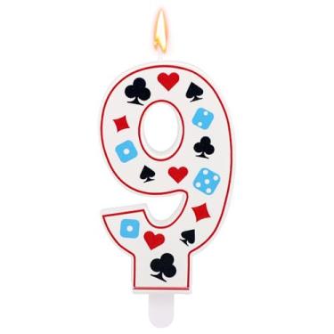 Imagem de Vela de aniversário com tema de cassino, vela com número de dados de pôquer para decorações de bolos, artigos de decoração de festa de aniversário com tema de jogos de azar (número 9)
