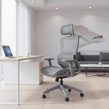 Imagem de BlidShop Cadeira Executiva Ergonômica de Malha, Giratória com Encosto Reclinável, Apoio Lombar e Cabeça, Design Moderno para Home Office e Gamr, Suporta 120kg, Apoio de braço 3D (Cinza)