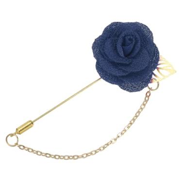 Imagem de Broche de lapela para homens, tamanho: 4 cm de liga de tecido rosa broche de flor terno bastão de lapela com folha de ouro e corte/borla broche de corrente para casamento de noivo 1 unidade azul