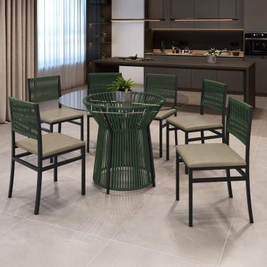 Imagem de Conjunto Sala de Jantar Mesa Redonda Tampo de Vidro Valência 120cm com 6 Cadeiras Barcelona Verde/Pérola