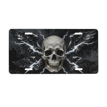 Imagem de UEQIKI Skull Wings Lightning Placa de Licença Frontal para Mulheres Placas Decorativas Alumínio Metal Linda Novidade Capa para Placa de Licença para Homens 15 x 30 cm (4 Furos)