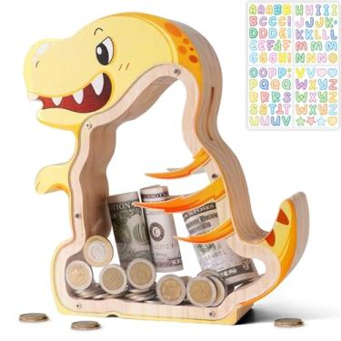 Imagem de Cofrinhos de madeira para crianças, meninas, meninos, dinossauro, T-Rex, cofrinho indestrutível, faça você mesmo, cofrinho personalizado para crianças, dinheiro, cofre, com letras, adesivos,