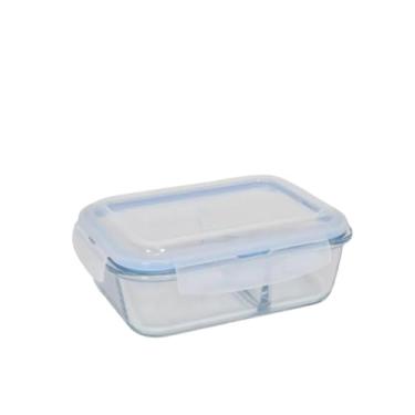 Imagem de Pote de Vidro Borossilicato Retangular com Divisória, Tampa Hermética Azul, 1520ml, Resistente à Temperatura, para Micro-ondas e Freezer, 22x17x8cm