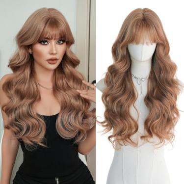 Imagem de PARK YUN Peruca ondulada marrom rosa claro com franja para mulheres, loira mista, longa, ondulada, peruca sintética resistente ao calor para uso diário, festas, festivais, presentes