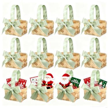 Imagem de Geelin 12 peças de mini cestas de tecido com alças de lascas de madeira, mini cestas de piquenique de frutas com fita verde sálvia com cheiro de Natal, balde de presentes para festa de casamento