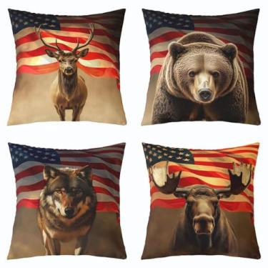 Imagem de Feelyou Capas de almofada vintage urso 40,6 cm x 40,6 cm conjunto de 4 capas macias para crianças, meninos, meninas, cabana, veado, caça, fronhas, fazenda, lobo, alce, animal selvagem, bandeira