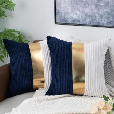 Imagem de Capas de almofada KACOPOL azul marinho/branco creme de veludo cotelê 4