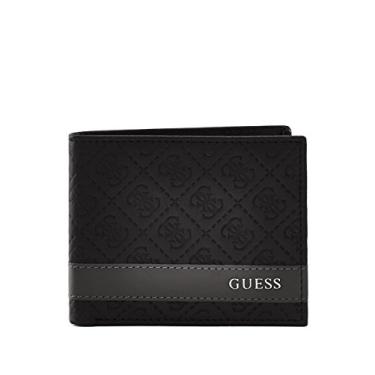 Imagem de GUESS Carteira masculina de couro fina com dobra dupla, Estampa preta, One Size, Carteira dobrável fina de couro