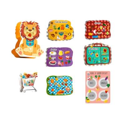 Imagem de Brinquedo Educativo Alimentação Infantil, Kit com Leão 3D, Carrinho de Compras, 24 Peças MDF, Cartelas de Alimentos, Atividades Culinárias, 32x34x7cm, para +4 Anos