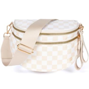 Imagem de JEEBURYEE Bolsas transversais quadriculadas para mulheres – Bolsa de nylon espaçosa, bolsa de pochete ajustável para viagens, Xadrez bege