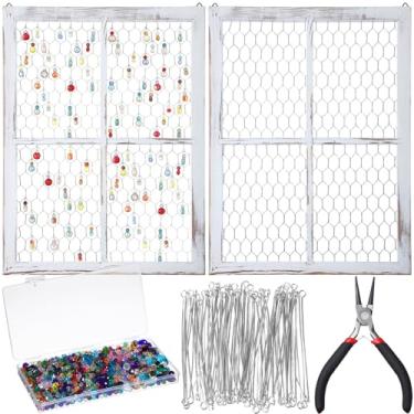 Imagem de Chunful Pacote com 2 molduras de madeira de arame de galinha com 1300 contas de vidro arco-íris, molduras de madeira inacabadas para artesanato, fotos, joias, decoração de janela, presente para casa