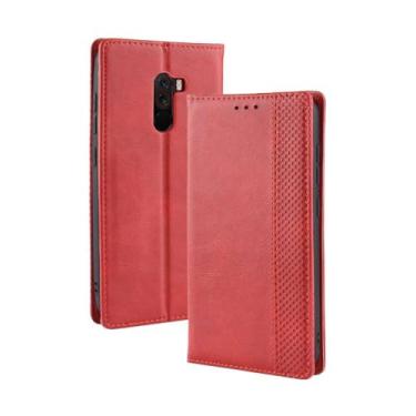 Imagem de Capa para XIAOMI Mi Pocophone F1,Retro Flip magnético,Caso de telefone de couro PU,Design de carteira com 3 slots de cartão e 1 clipe de dinheiro -Red