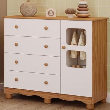 Imagem de Cômoda Infantil 100% MDF com 4 Gavetas e 1 Porta – Cômoda para Quarto com Rodapé Reto e Ondulado(Amendoa/Branco)