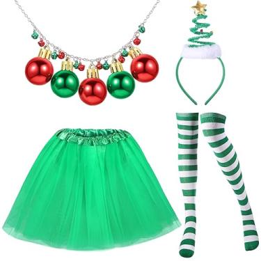 Imagem de Hillban Conjunto de 4 peças de acessórios de festa de Natal festiva árvore de Natal faixa de cabeça saia tutu de tule verde branco e verde meias listradas colares de sino para mulheres suprimentos de