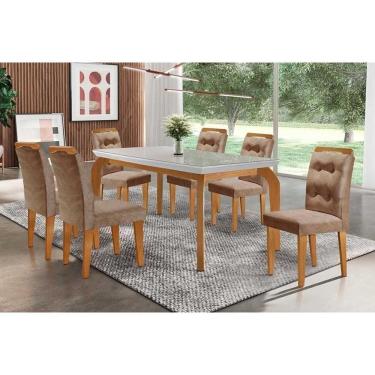 Imagem de Sala De Jantar Completa Londrina C- Tampo Madeirado Vidro Canto Reto 180x90cm E 6 Cadeiras Imperatriz Imbuia - Veludo Capuccino - Rufato