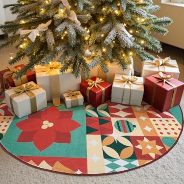 Imagem de jinchan Tapete de Natal redondo de 1,5 m para sala de estar, lavável, círculo, tapete de quarto de Natal, 1,5 m, redondo, geométrico, antiderrapante, macio, decoração festiva vermelho-verde para