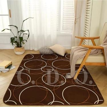 Imagem de Tapete Veludo Geométrico 3D, Marrom Com Bolas Brancas e Douradas, 200x240 cm, Antiderrapante, Indiano, Alta Densidade, para Sala de Estar 3092 Aveludado