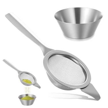 Imagem de Coador Matcha prata de 5,6 cm, peneira Matcha de malha fina de 30 com alça e base, coador de chá pequeno de aço inoxidável, malha fina, pequenos coadores de matchas de metal para coquetéis soltos de