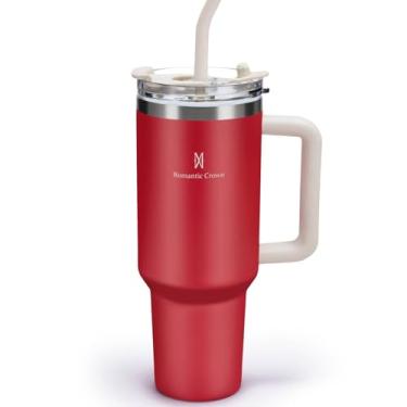 Imagem de Romantic Crown Copo Térmico com Canudo Tampa e Alça 1,18L, Cops Garrafas Termico para viagem vácuo dupla camada aço inoxidável, Caneca Termica Cafe Água Chá,Presente, Fitness (Vermelho)
