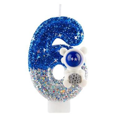 Imagem de Vela de aniversário de 6 anos com glitter astronauta espacial número 6 velas de topo de bolo de prata azul decorações de feliz aniversário para meninas, meninos, artigos de festa de aniversário