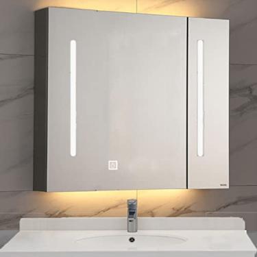 Imagem de SPXMQSS Armário de banheiro de LED, espelho de LED, luz de 3 cores, com prateleiras, armários de banheiro espelhados com luzes de beleza de escurecimento contínuo, unidades de armazenamento na parede