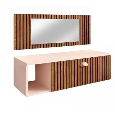 Imagem de Penteadeira Suspensa COM E SEM Espelho e Gaveta com Nicho, Dividória | Bancada Moderna p/Maquiagem e Quarto Compacto (COM ESPELHO OFF/RIPADO)