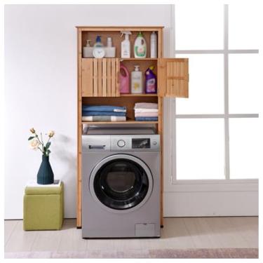 Imagem de SPXMQSS Armazenamento sobre vaso sanitário, unidade de armazenamento sobre máquina de lavar, rack de máquina de lavar independente de 3 camadas com porta e prateleiras abertas, para banheiro
