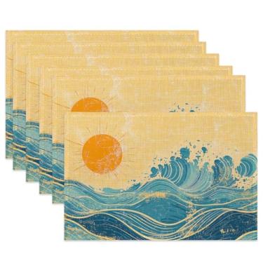 Imagem de Jogo americano retrô de tecido ondulado, jogo americano boho pôr do sol, conjunto de 6 tapetes de pano, tapetes de mesa laváveis resistentes ao calor para decoração de casa, cozinha, sala de jantar
