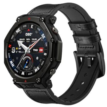 Imagem de PONATTENO Pulseira de couro de substituição compatível com Amazfit T-Rex 3 Pro de 48 mm, couro genuíno macio respirável com pulseira esportiva de silicone à prova de suor para T-Rex 3 Pro (48 mm