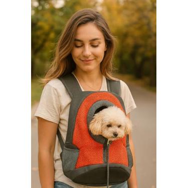 Imagem de Mochila Canguru para Pets VERMELHA 25cm x 12,5cm x 38cm até 6kg – Conforto e Segurança para Caminhadas, Passeios e Viagens.