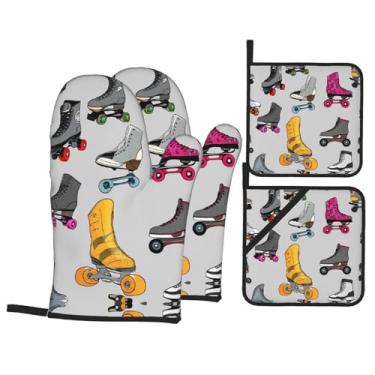 Imagem de Patins retrô coloridos – Conjunto de luvas de cozinha estampadas com suportes de tampa, luvas de forno resistentes ao calor para lidar com panelas quentes, grelhar, churrascos, kit de 4 peças.
