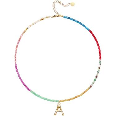 Imagem de MEVOME Colar feminino com contas com inicial de pedras, semipreciosas, boho, pedra semipreciosa, banhado a ouro 18 K, arco-íris, colorido, moderno, alfabeto, gargantilha delicada, joia feminina para