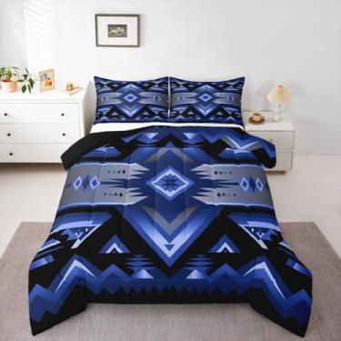 Imagem de jejeloiu Conjunto de edredom boêmio asteca para crianças, azul, casa de fazenda, estilo exótico, estilo exótico, tribal, nativo americano, para decoração de quarto